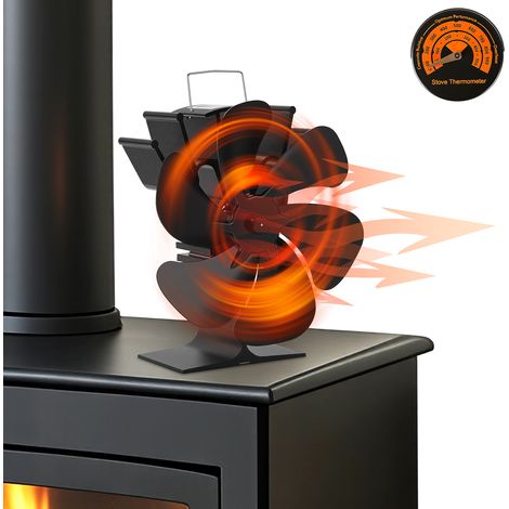 Jiubiaz Ventilador para estufa de leña de 6 aspas, alimentado por calor, sin electricidad, silencioso, con termómetro magnético (1/5)