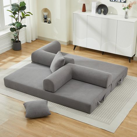 Divano letto pieghevole in velluto a coste grigio con 2 cuscini 200 x 90 x 75 cm (1/5)