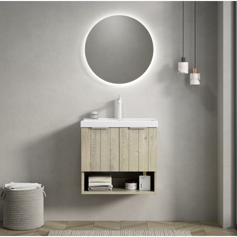 Meuble lave-mains suspendu 55 cm en céramique et bois multiplis blanc et blanc cassé, avec 2 portes et étagère ouverte (1/5)
