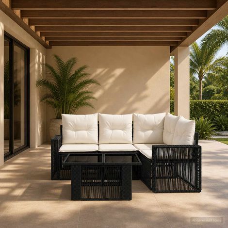 vidaXL Set Divano da Giardino 5 pz Nero e Bianco Crema polyrattan (1/5)
