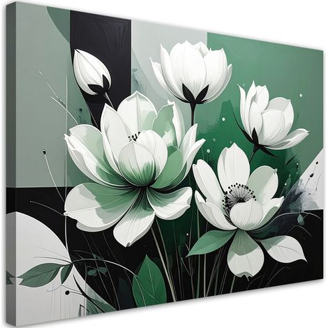 Quadro su tela, Fiori bianchi in una moderna composizione verde - 60x40 (1/2)