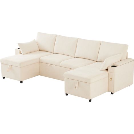 Divano letto modulare a U 4 posti con porta bicchieri e contenitore beige (1/5)