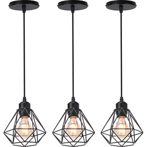 3X Lámpara De Techo Industrial De Diamante Lámparas De Colgar De Metal Vintage Negro Lámpara De Araña Retro Para Dormitorio Interior Bar Interior
