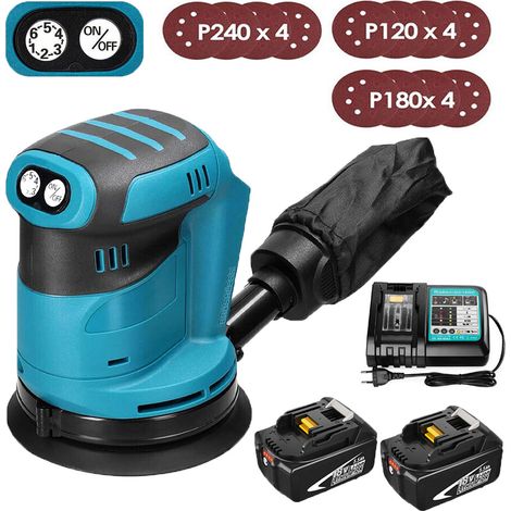 Orbital and random orbital sanders, Cordless Brushless Random Orbital Sander 125mm, 6 Speed，with Dust Bag and 12 Sandpapers +2x 5.5A Battery + Charger DC18RC - Compatible with Makita Charger
