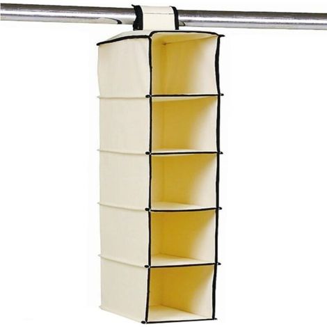5 Compartiments Porte-Oggetti Pliable - 30 X 15 X 70 Cm - Pour Armoire Suspendu - Crème Avec Bords Marron
