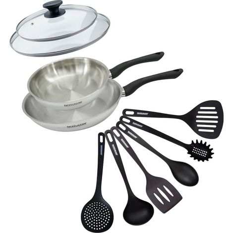 Set 2 poêles 24 et 28 cm en inox, couvercles verre et 6 ustensiles Fackelmann Geneva (1/5)