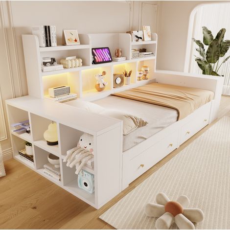 Divano letto estraibile 90x200 cm in legno bianco con LED e vani 180x200 cm -CHICFURN (1/5)