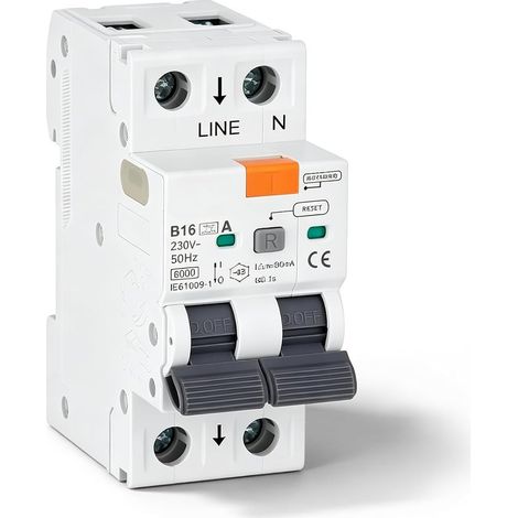 Interrupteur FI/LS RCBO : 1P+N, 16 A 30 mA, type A - Disjoncteur de courant défaut avec protection contre les surcharges et les courts-circuits, courbe C, montage sur rail, disjoncteur (1/5)