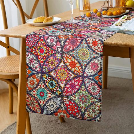 Chemin de Table Lin Folk Vintage Géométrique Tour Rectangulaire Décoratif pour Salle à Manger Bohème Chemin de Table Boho Mandala Décoration D'articles de Fête Chemin de Table Anniversaire 33 x 183 cm (1/5)