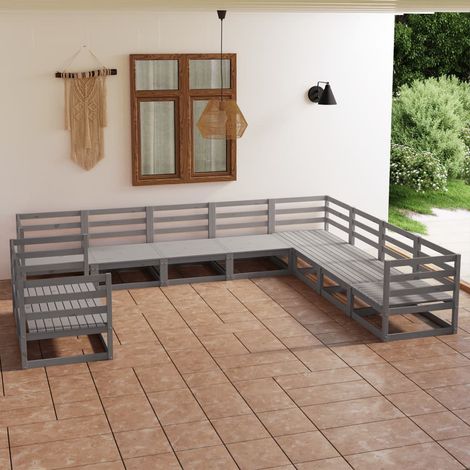 Salon de jardin 10 pcs gris bois de pin massif (1/5)