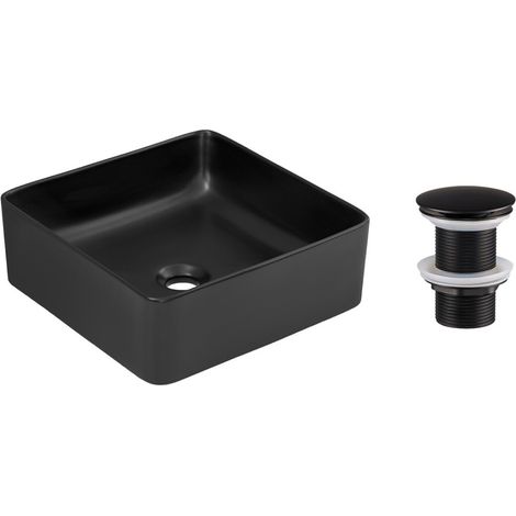 Vasque à poser carrée 37x37 cm noir mat avec bonde clic-clac noire incluse