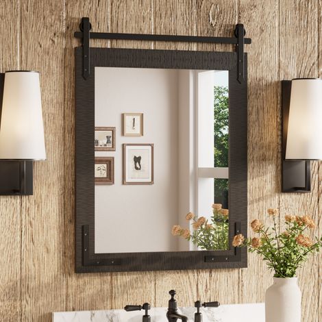 Keonjinn Miroir mural rectangulaire bois 55x76cm, noir, cadre en bois massif, style porte de grange, verre trempé HD, pose horizontale/verticale (1/5)