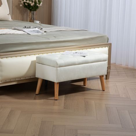 Banquette capitonnée avec espace de rangement, revêtement en tissu aspect velours, pieds en bois, pour salon, chambre, entrée, 80 x 35 x 42 cm, blanche (1/5)