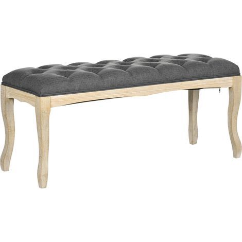 Banc rembourré, style classique, 110 cm, tabouret de bout de lit, tissu lin, pieds en hévéa sculpté, tissu lin gris (1/5)