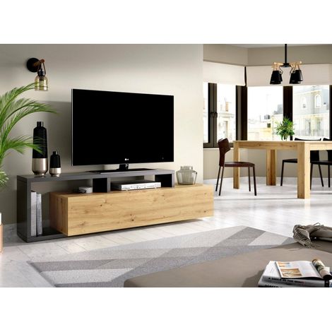 Dmora - Mueble TV Dgodign, Aparador bajo para salón, Aparador para salón para televisión, 165x40h47 cm, Roble Nudos y Antracita (1/5)