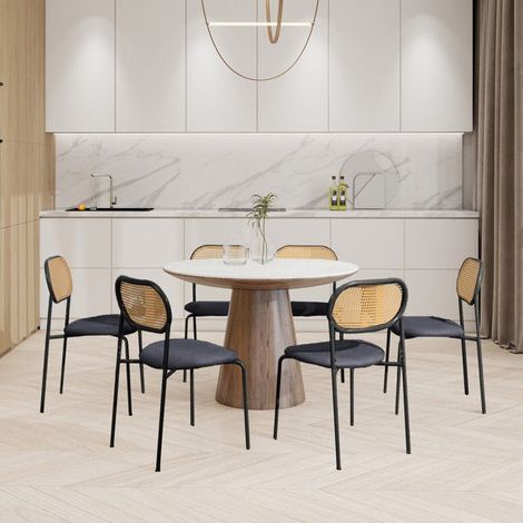Esszimmerstühle aus Rattan in natürlicher Holzfarbe - Set von 2, handgewebte Rückenlehne, moderne schwarze Metallbeine