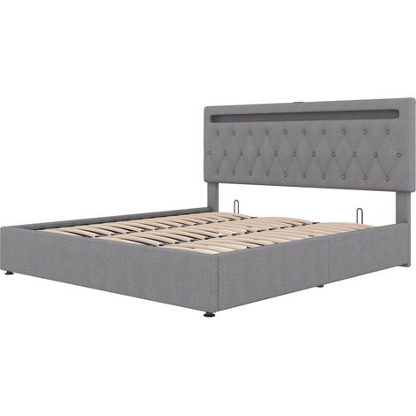 Cama arcón tapizada 180 x 200 cm con elevación hidráulica, LED RGB y puertos USB gris (1/5)