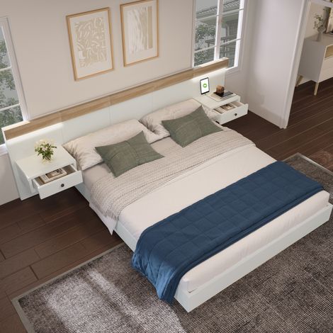 Cama doble de madera blanco y roble Sonoma 180x200 cm con 2 mesitas LED, USB/Tipo-C y somier de láminas (1/5)