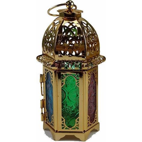 Lanterne En Verre Et Fer - Style Marocain - Support Pour Bougie Thé - Décoration Intérieure Et Extérieure - Hauteur 15,5 Cm - Doré - 1 Pièce (1/5)