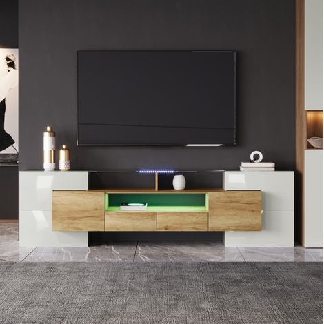 Mueble TV 200x35x60 cm de MDF blanco brillante con LED y almacenaje -FLORAGRACE (1/5)