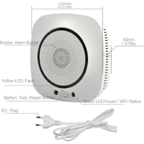 Détecteur de monoxyde de carbone Wifi Détecteur de fumée Wifi 75dB Système d'alarme de sécurité Avertissement sonore APP Notification Push SmartLife Tuya APP Télécommande, Prise UE blanche (1/5)