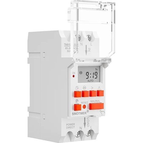 Minuterie Astronomique TM919TK pour Rail DIN , Programmateur Aube/Crépuscule sans GPS pour Éclairage Public ,85-265VAC, 30A, Batterie Intégrée- (1/4)