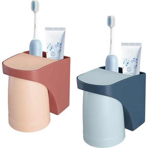 Set mit 2 Wand-Zahnbürstenhaltern, selbstklebenden Zahnbürstenhaltern, Zahnbürstenbecherhaltern ohne Bohren, Zahnbürstenhalter mit magnetischem Becher – Blau + Rot (1/4)