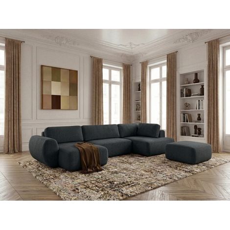 BOBOCHIC - Canapé panoramique convertible coffre DENISE tissu texturé avec pouf Angle gauche  Noir (1/5)
