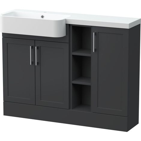 Pirehill Traditional Floor Standing Compact 3 Door Combination Vanity Unit with Shelves and Basin, Left Hand, 1100mm, Dark Grey