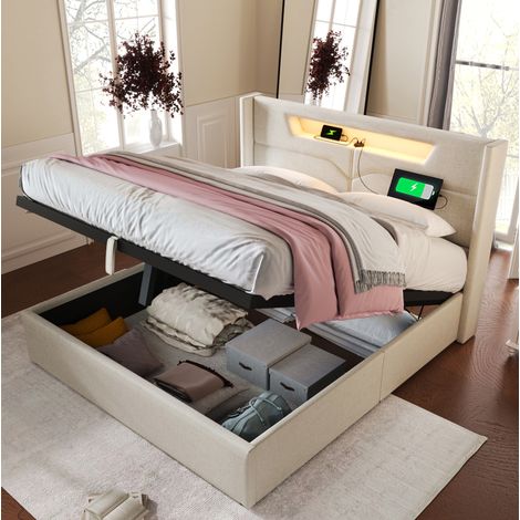 lit adulte coffre rangement LED 160x200 lin beige usb HAVRYA (1/5)