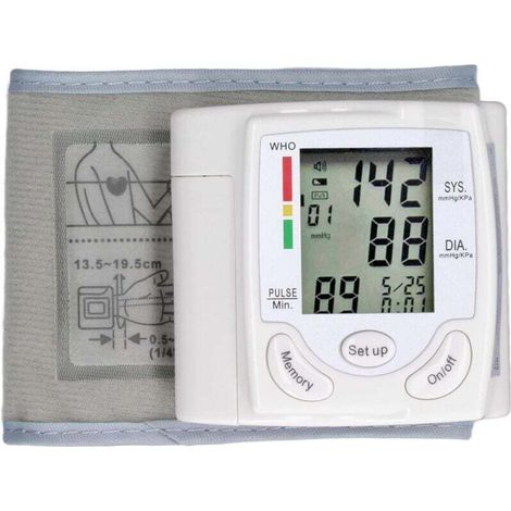 Monitor digital de presión arterial de muñeca con brazalete ajustable y pantalla LCD para mediciones en casa y de viaje. (1/4)