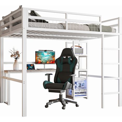 Lit mezzanine 140x200 cm en métal blanc avec bureau, étagères de rangement, prise USB et Type-C, échelle et garde-corps, sans matelas, pour chambre  CHICFURN (1/5)