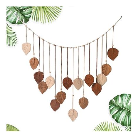 Wall Decoration, 120 x 75 cm Wall Tapestry, Macrame Wall Tapestry, Large Woven Tapestry with Wooden Beads and Leaves, Living Room, Bedroom, Children's Room (Coffee Brown) (1/5)