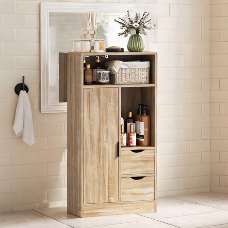 Meuble rangement étroit 2 tiroirs 50 cm bois naturel (1/5)