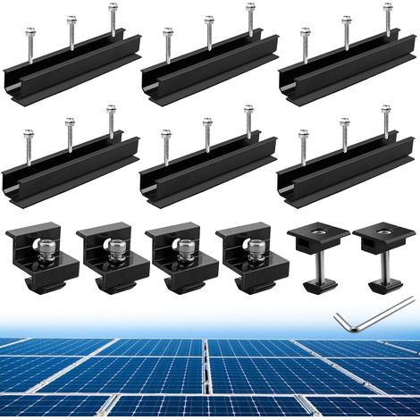 Kit de 12 Fixations en Aluminium pour Panneaux Solaires  6 Rails Courts de 200mm, 4 Pinces d'Extrémité en Z et 2 Pinces Centrales Supports en T, pour 30/35mm Panneau Solaire, Noir (1/5)