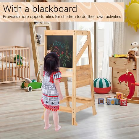 Wolketon Lernturm Kinder, 2-in-1 Montessori-Trittschemel, 2 Höhenverstellungen, Belastbarkeit 70 kg (Original Holzfarbe) (1/2)
