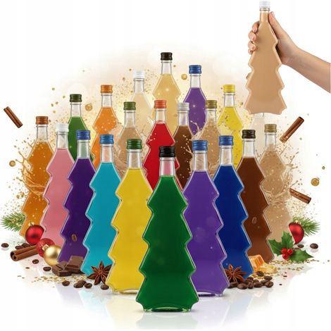 24 botellas de vidrio con forma de ÁRBOL DE NAVIDAD de 500 ml como REGALO de licor, tintura o vino para NAVIDAD.