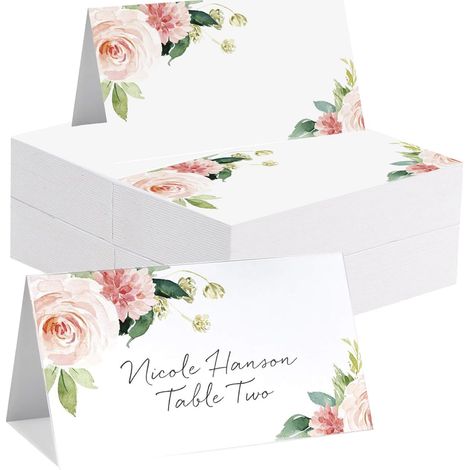 100-place, Papier blanc, Motif floral bohème, Carte de nom pliante, Pour mariage et fête (1/5)