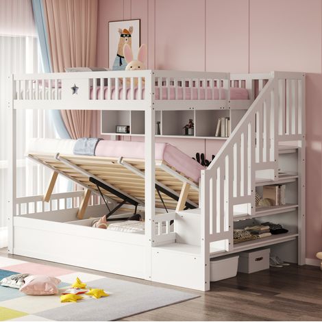 Litera 140x200 cm blanca de madera con cama hidráulica, estantes y escalera con almacenamiento (1/5)