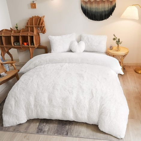 Parure de lit 3 pièces en Fausse Fourrure pelucheuse Douce et Moelleuse, pour très Grand lit (1 Housse de Couette en Fourrure + 2 taies d'oreiller), Fermeture éclair (très Grand lit, (1/5)