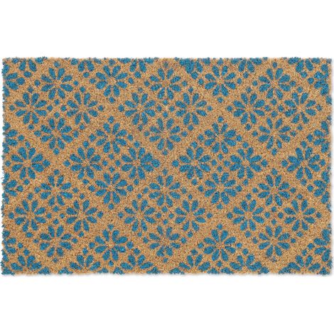 Relaxdays Felpudo Entrada, Fibras de Coco Diseño Floral, Interior y Exterior, Alfombrilla Puerta, 60x40, Azul y Natural