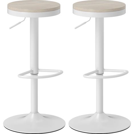 Lot de 2 tabourets de bar pivotants blancs, assise en hévéa, hauteur réglable avec repose-pieds (1/5)