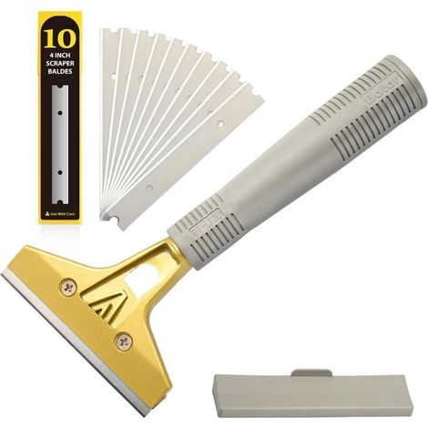 2110 cm Grattoir avec 10 Lames, Grattoir Papier Peint, Grattoir Vitre, pour Colle, Carrelage de fenêtre,Miroir, Nettoyage, Or (1/4)