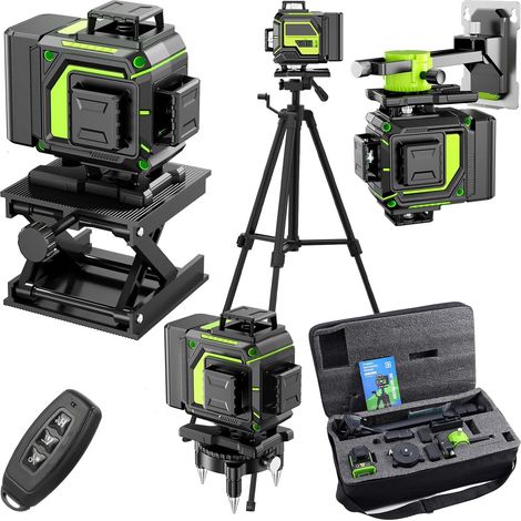 Niveau Laser Chantier Autonivelant 360° x 4 Avec trépied, Lazer Niveaux 4D 16 Lignes Laser, Mode Impulsion ExtéRieur, 2 x Batterie, Nivellement Automatique, Support Rotatif, Télécommande