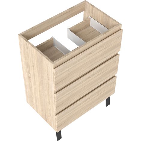 Meuble de Salle de Bain 60cm avec 3 tiroirs + 2 Pieds, Meuble sans vasque, Chêne