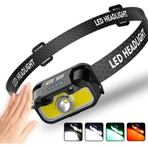 Lampada frontale ricaricabile - Lampada frontale a LED con sensore multifunzionale - Lampada frontale per la pesca - Angolo regolabile - Lampada frontale per corsa, escursionismo, alpinismo - Nera (1/5)