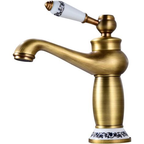 Robinet vintage de vanité de salle de bain en laiton antique, robinet de bassin d'eau froide/chaude, robinet d'évier de salle de bain à poignée unique (1/5)