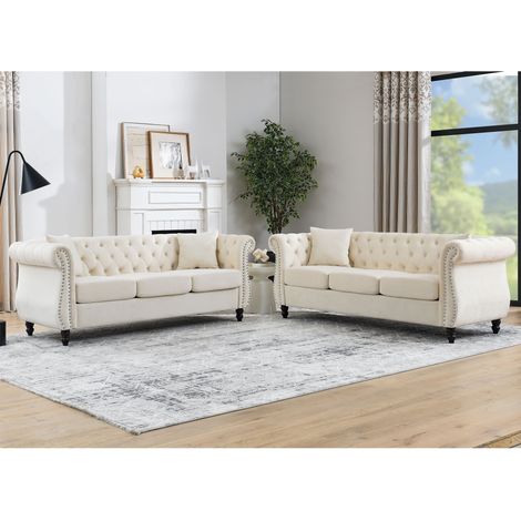 Canapé 6 places beige en velours ensemble de deux 203 cm (1/5)