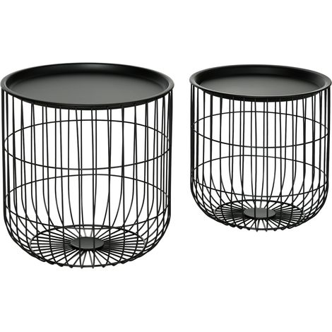 Set de 2 mesas de centro redondas de acero negro con almacenaje, estilo escandinavo (1/5)