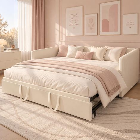 Letto estraibile trasformabile 90/180x200 cm, Divano letto 2 in 1 con secondo letto su ruote e rete a doghe, per camera o soggiorno, in velluto, Beige (1/5)
